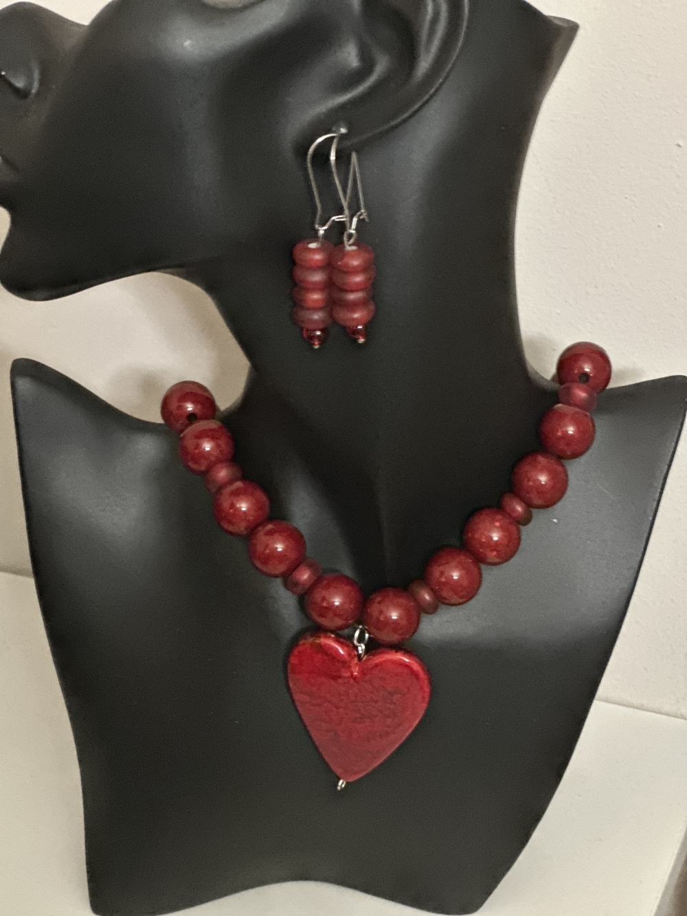 Red Beaded Heart Necklace and Earrings - Women Jewelry